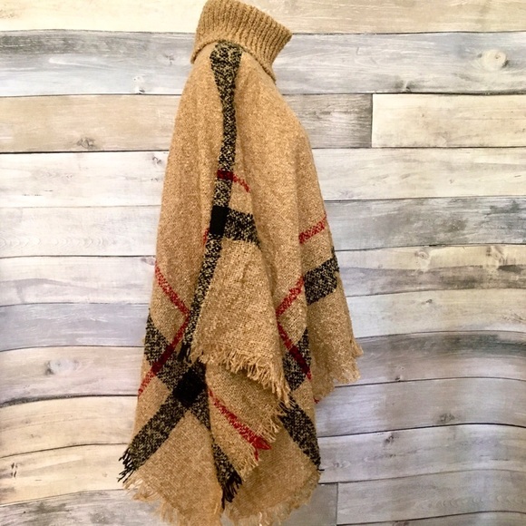 Camel mocha plaid turtleneck poncho wrap NWT - Picture 3 of 8